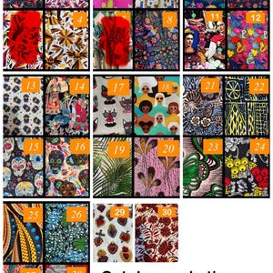 May include: A fabric catalogue featuring thirty numbered swatches with diverse patterns including floral, animal, geometric, and cultural motifs in various colours. The text at the bottom reads: Catalogue de tissus choisissez le tissu que vous aimez.