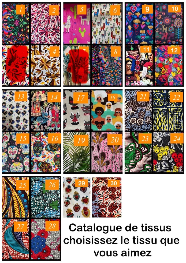 May include: A fabric catalogue featuring thirty numbered swatches with diverse patterns including floral, animal, geometric, and cultural motifs in various colours. The text at the bottom reads: Catalogue de tissus choisissez le tissu que vous aimez.