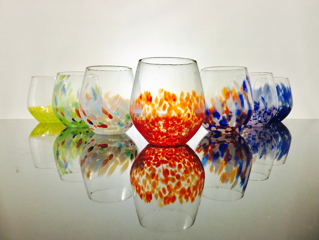 Handmade Blown Glass Stemless Wine Glass: Colorful Barware - Etsy