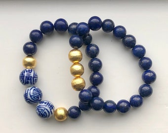 Lapis Lazuli 10mm Stretch Bracelet - Chinese Chinoiserie Beads, Brushed Gold