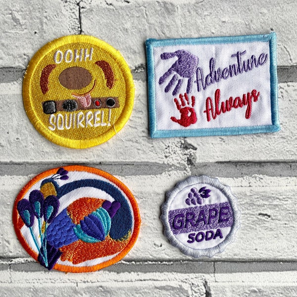 Up adventure embroidered patches Adventure Always with hand prints and Oohh Squirrel! Dug, Grape Soda Bottle top and Kevin embroidered patch