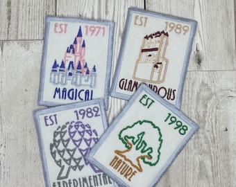 Disney Park Icon inspired embroidered patch, Magic Kingdom Castle, EPCOT, Hollywood Studios, Animal Kingdom