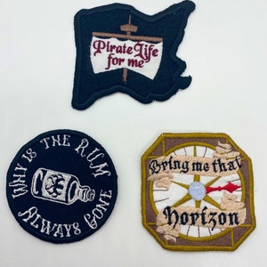 Pirate Embroidered Patch Collection, Pirate Life For Me ship sail, Bring me that horizon compass and Why is the rum always gone