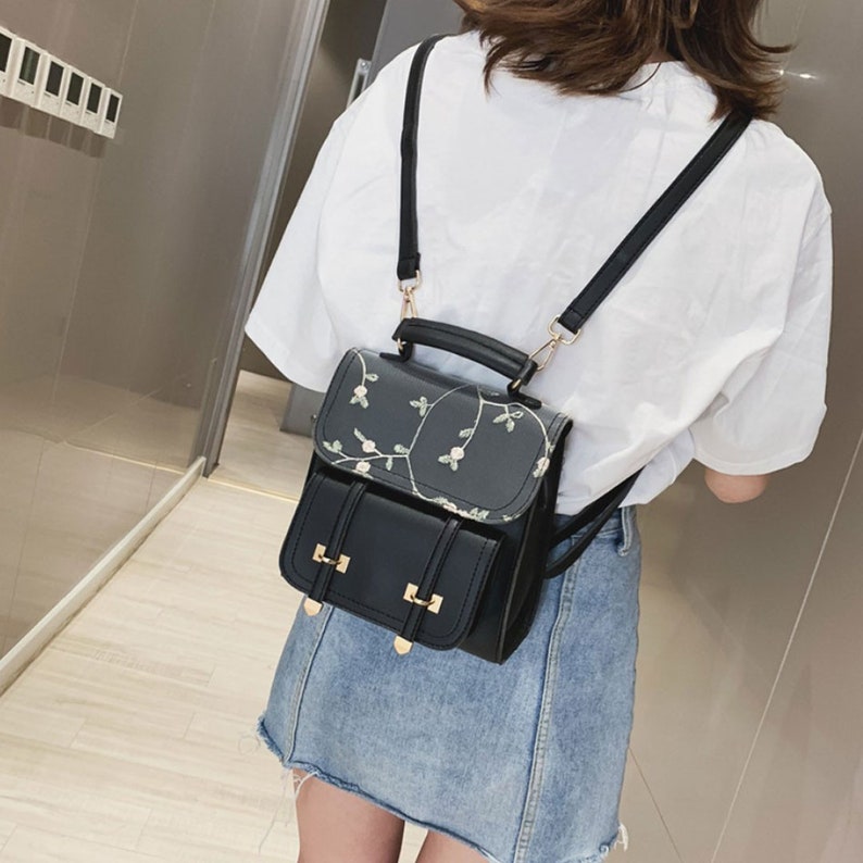 Vegan Leather Backpack/ Floral Embroidery Bag/ Leather Bag/ Etsy