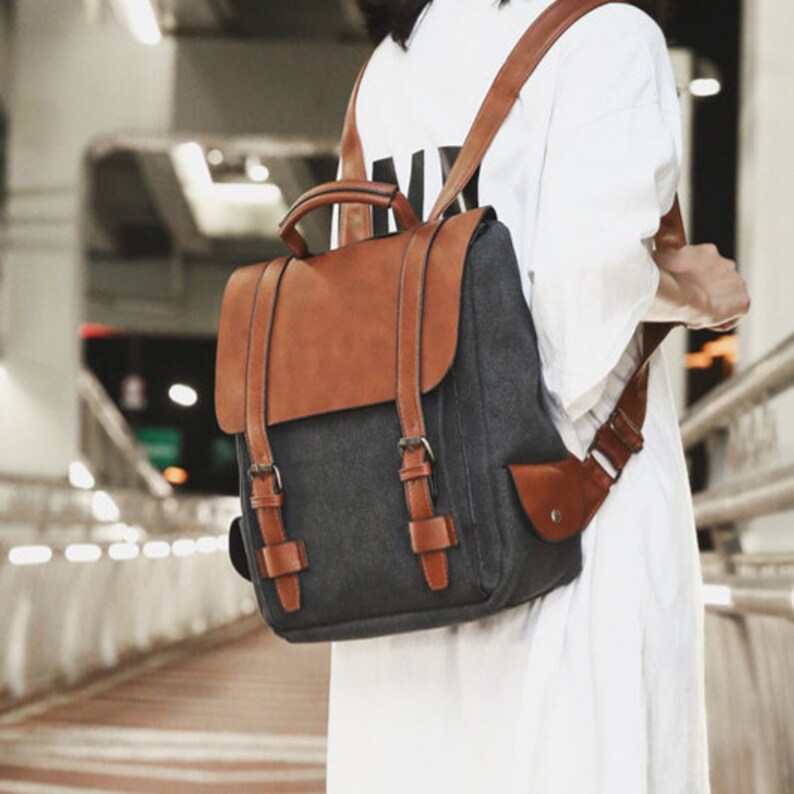 Canvas Backpack Vegan Leather Backpack Vintage Leather Etsy