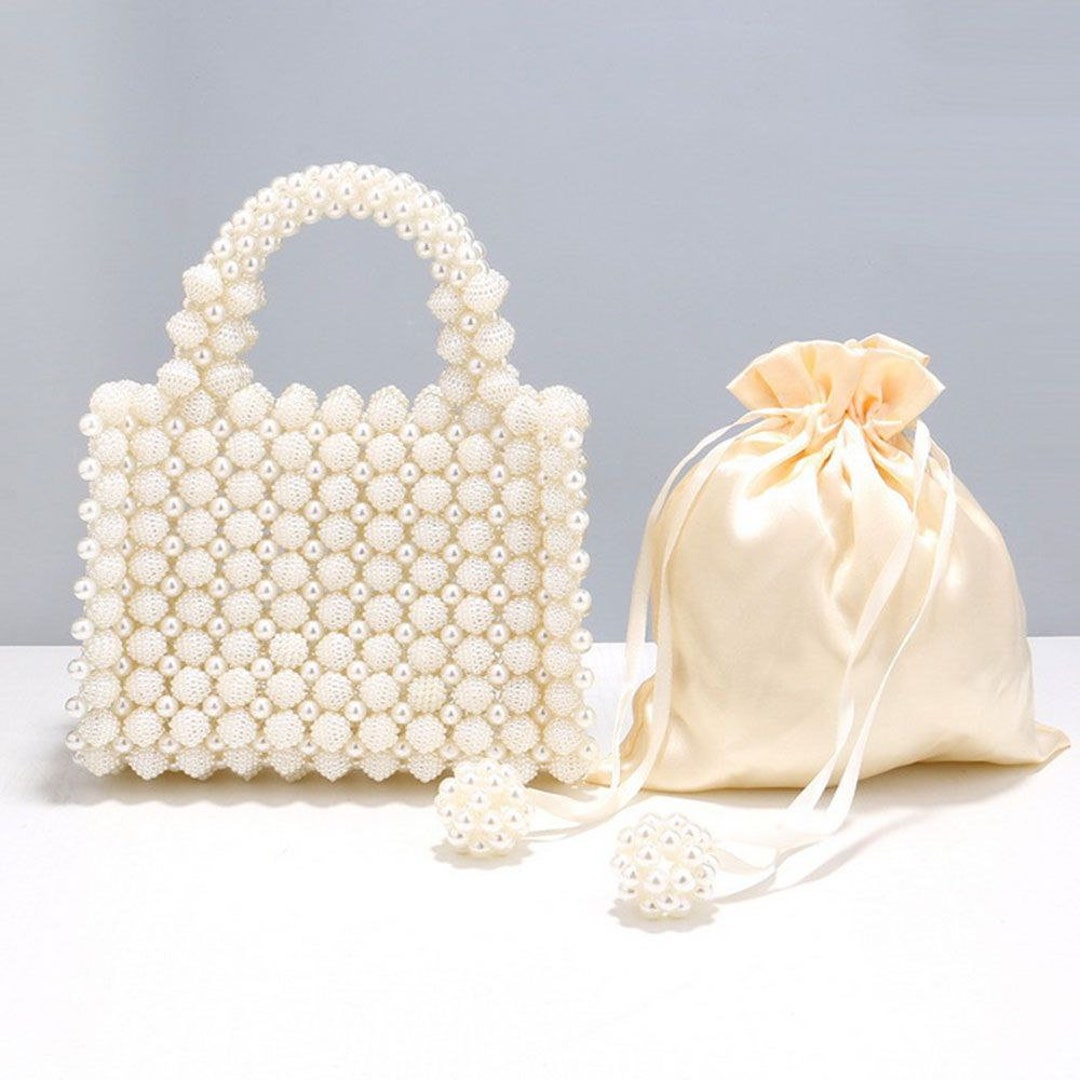 ASPHODELCHIC Women Pearl Evening Bag Bride Beaded Clutch Purse Cream White  for Wedding Party