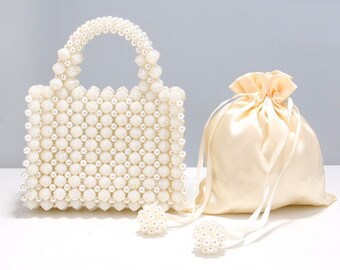 topfive Women Pearls Beaded Clutch Light Luxury Wedding Pearls Purse Evening Handbag with Floral Texture