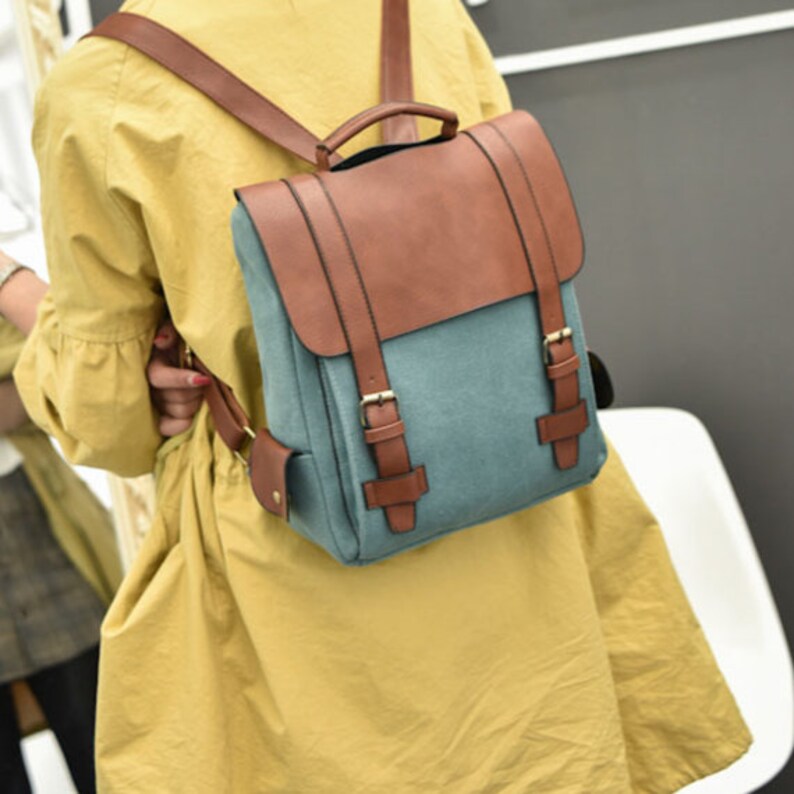 Canvas Backpack Vegan Leather Backpack Vintage Leather Etsy