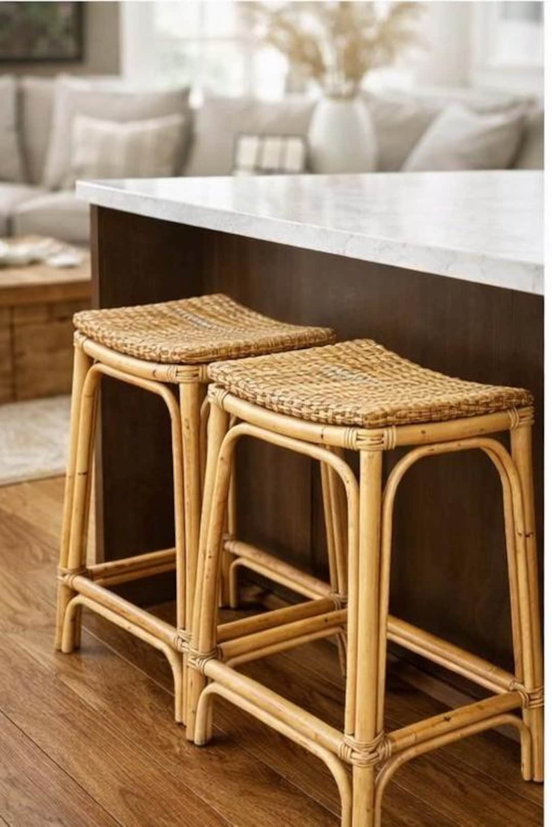 Vintage Style Rattan Counter Stools Pair – Woven Wicker Seat Bar Stools ...