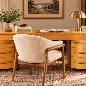 Vintage Heywood Wakefield Desk | Mid Century Modern Blonde Wood Double Pedestal Office Desk | Rounded Drawers | MCM Furniture