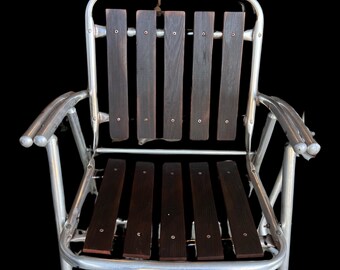 2 Vintage Redwood & Aluminum Folding Lawn Chair Wooden Slats w Arms