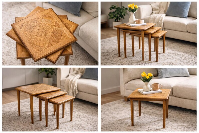 Vintage Oak Nesting Tables | Mid Century Parquet Side Tables ...