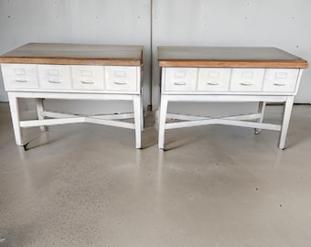 2 Industrial Console Tables with Metal Drawers.  Similar by not Exact
