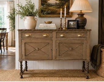 Antique English Cottage Sideboard | Tudor Revival Barley Twist Buffet | Vintage Jacobean Server Cabinet | Rustic Entry Console