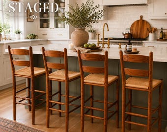 Barstol i vintage-stil med bänkskiva | Rush Seat barpallar | Skandinaviska lantliga stolar med stege, set om 4