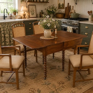 May include: A wooden dining set featuring a rectangular table with turned legs and four chairs with cane backrests and beige upholstered seats. A ceramic pitcher filled with white daisies sits on a woven placemat in the center of the table.