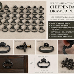 May include: A set of 28 vintage Chippendale drawer pulls in blackened brass with an aged patina. Each pull measures 6.7 cm wide, with a center-to-center distance of 5.1 cm. The pulls are heavy-duty and include mounting screws.