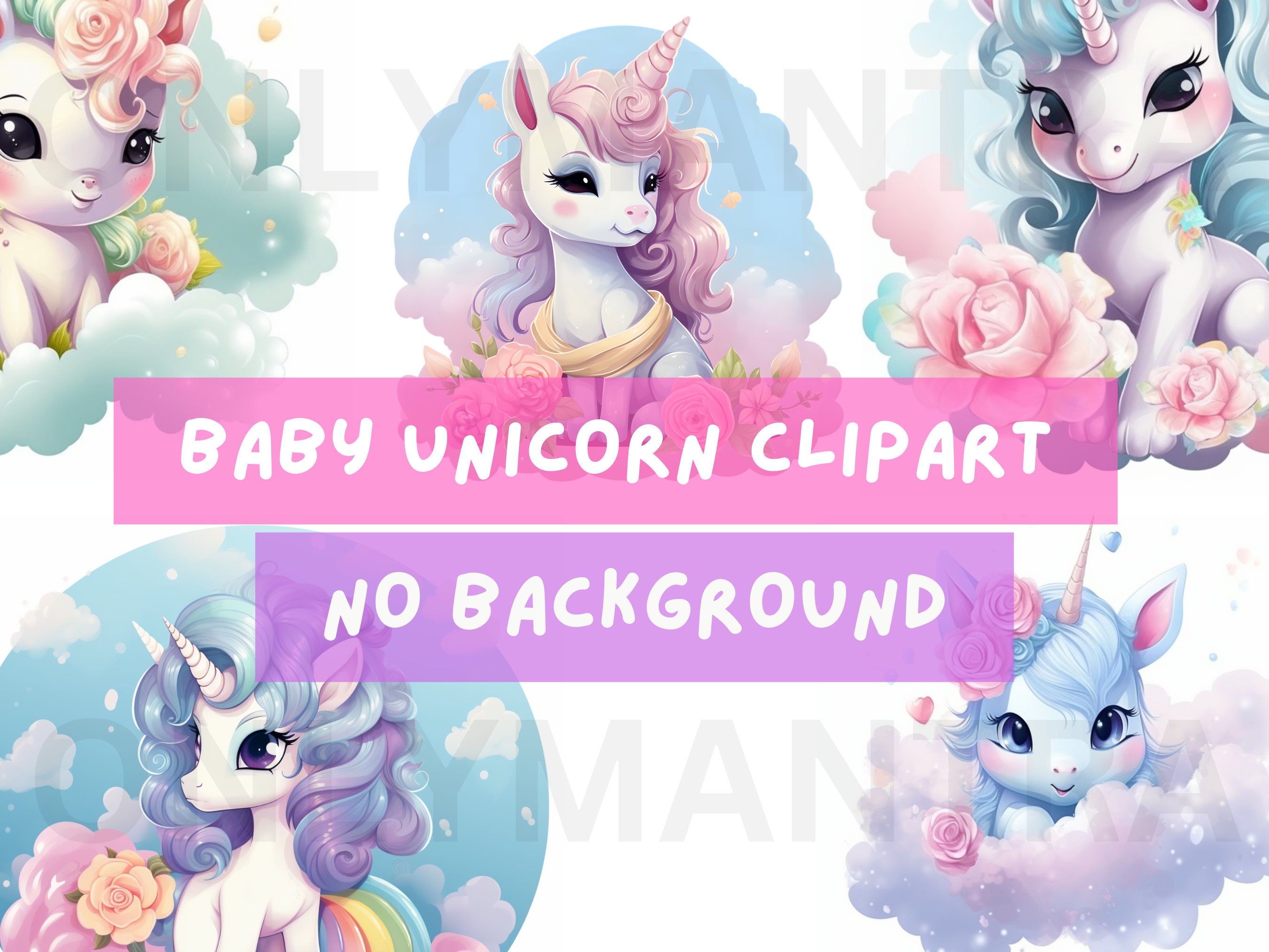 Pastel Baby Unicorn Watercolor Clipart Set, 16 PNG Transparent Instant ...