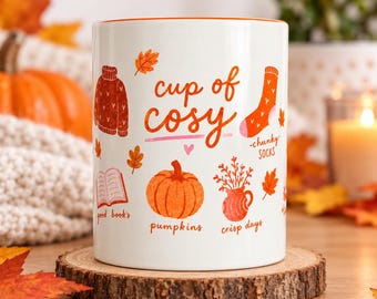 Cup of Cosy Autumn Mug | Hand-Drawn Fall Illustrations, Orange Handle