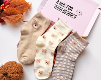 Autumn Bear Socks Gift Box | 3-Pair Cozy Socks for Her