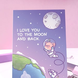 Te amo a la luna y la tarjeta de felicitación posterior ⋰ Pigleaf Kawaii ⋰ ama pareja, novio, novia, familia, amigo ⋰ tarjeta de San Valentín