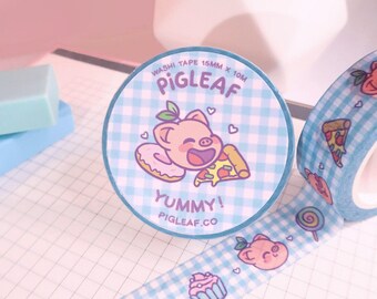 Pigleaf Yummy! Washi Tape ⋰ Kawaii Washi Planner Tapes ⋰ Cute Pig Favorite Food ⋰Kawaii Stationery ⋰Illustrated Masking Tape ⋰Checkers Washi