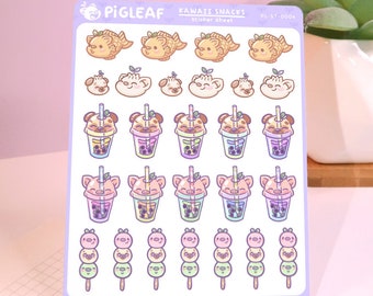 Pigleaf Kawaii Snacks Planner Stickers ⋰ Cute Pig Kawaii Sticker Sheet ⋰ Pugleaf Pug Stickers ⋰ Boba Tea, Dumpling,  Mochi, Taiyaki Stickers