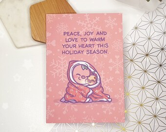 Pigleaf Peace and Joy Greeting Card ⋰ Kawaii Holiday Card ⋰ Christmas Greeting Card ⋰ Greeting Card ⋰ Kawaii ⋰ Pig and Dog Sweet Card