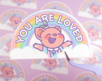 Pigleaf You Are Loved WATERPROOF Sticker  ⋰ Stickers ⋰ Cute Pig Kawaii ⋰ Stickers ⋰ Selflove Stickers ⋰ Selfcare Stickers ⋰ Pastel ⋰ Cute