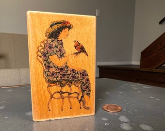 Vintage Rubber Stamp Rare That's All She Stamped Woman with Songbird