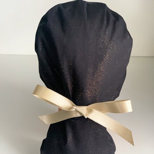 Ponytail scrub cap, Black and Gold Shimmer, Ponytail scrub hat, women’s surgical hat, surgery hat ponytail