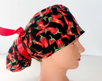 Chili Pepper Ponytail Scrub Hat, Women's Cotton Surgery Cap.