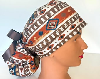 Southwestern Ponytail Scrub Hat, Boho Western Surgical Cap