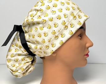 Rubber Duck Ponytail Scrub Hat, Women's Cotton Scrub Cap, Black Ribbon Ties