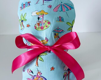 Pink Flamingo Ponytail Scrub Hat, Floral Women's Surgical Cap, Summer Scrub Cap