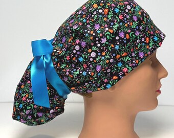 Floral Ponytail Scrub Cap, Ribbon Tie, Women's Surgical Nurse Hat