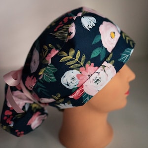Ponytail scrub hat floral , surgery hat, Scrub hat, OR hats, floral,pink roses, Navy, ponytail cap,