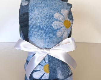 Daisy Floral Denim Ponytail Scrub Hat, Women's Surgery Cap.