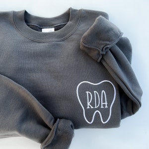 Dental Assistant/ Hygienist Crewneck Sweatshirt, Embroidered Dental Custom Embroidered Crewneck Sweatshirt for Dental Hygienist—Smoke Gray
