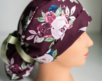Burgundy Floral Ponytail Scrub Hat, Women's Cotton OR Cap