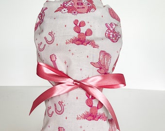 Disco Cowgirl Ponytail Scrub Hat, Pink Western Shimmer Cap
