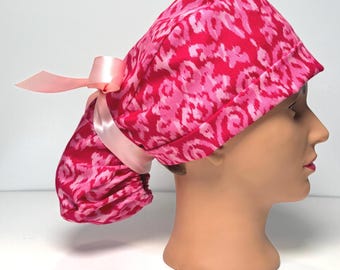 Pink Paisley Ponytail Scrub Hat, Women's Cotton Scrub Cap, Ribbon Ties
