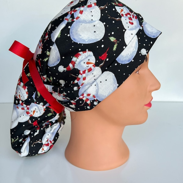 Christmas Ponytail Scrub Hat, Frosty the Snowman scrub cap, Womens Euro Scrub cap, Snowman Christmas Ponytail scrub hat, Snowmen Red Scarf