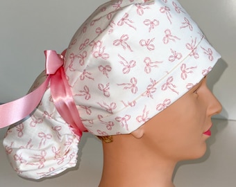 Pink Bows Ponytail Scrub Hat, Women's Nurse Cap, Ponytail