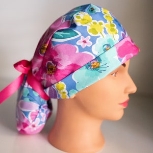 Gorro quirúrgico floral para coleta, gorro de cirugía de algodón, lazo rosa
