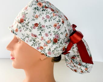 Fall Floral Ponytail Scrub Cap, Boho Cotton Nurse Hat, Rust Ribbon Ties, Womens