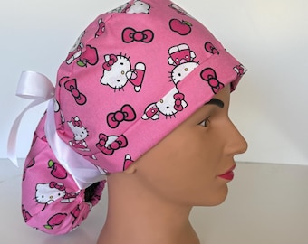 Kitty Cat Ponytail Scrub Hat, Women's Peds Cotton Scrub Cap.