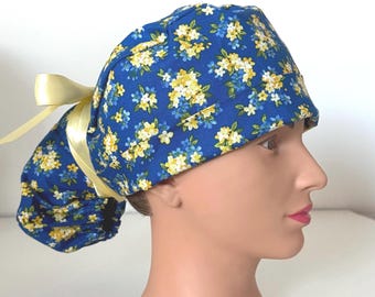 Yellow Floral Ponytail Scrub Hat, Women's Cotton Scrub Cap, Blue Surgical Cap