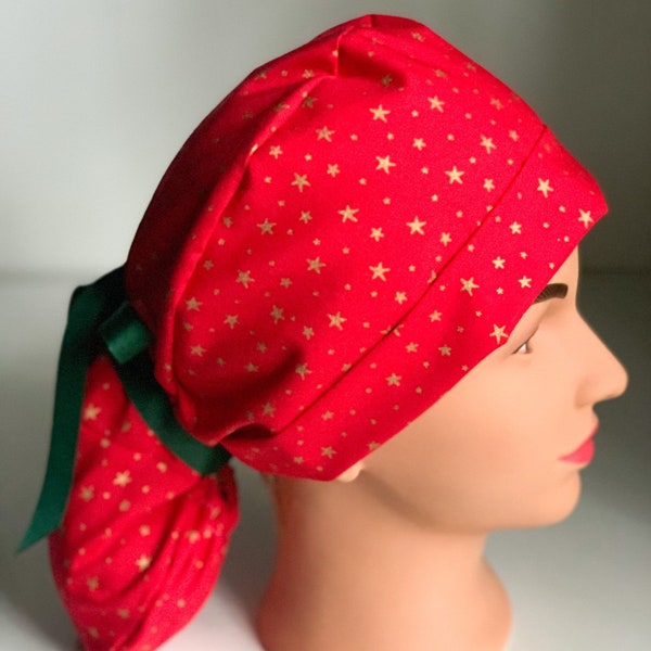 Christmas Star Ponytail Scrub hat, Ponytail Scrub hat, Women’s Christmas scrub hat, Red and Green and Gold