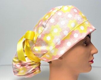 Floral Ponytail Scrub Cap, Pink Spring Flowers, Women's Surgery Hat.